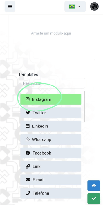 Selecione o módulo Instagram para adicionar a rede social ao perfil