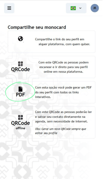 Clique no ícone de PDF para gerar um arquivo interativo do seu perfil Monocard