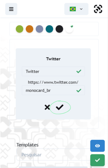 Adicione seu nome de usuário ao campo do Twitter para cadastrar a rede em seu perfil Monocard