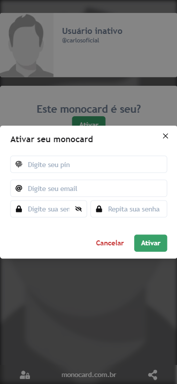 Adicione seu PIN e dados pessoais para ativar seu perfil online monocard e começar a editar